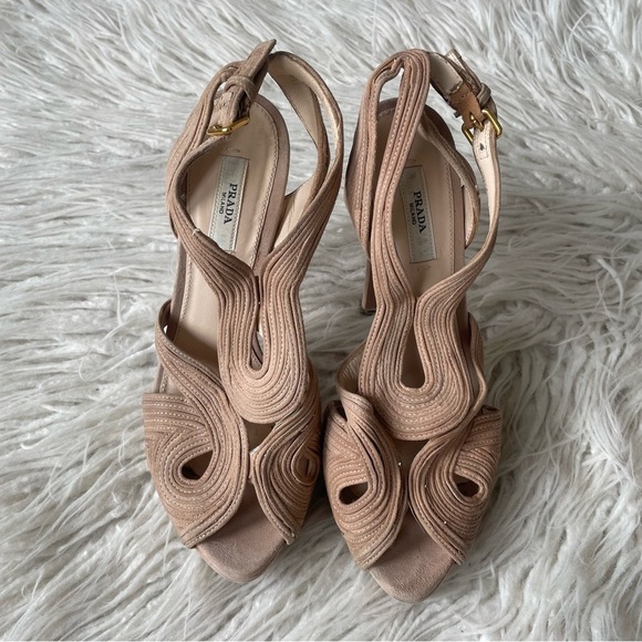 Prada Suede Beige Platform Slingback Peep Toe Swirl Stitch Heeled Sandals 37.5 - Picture 5 of 9